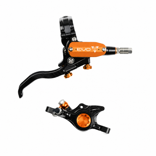 HOPE TECH 4 EVO X2 PM Bremse Schwarz/Orange — Bremshebel und Bremssattel vor weißem Hintergrund