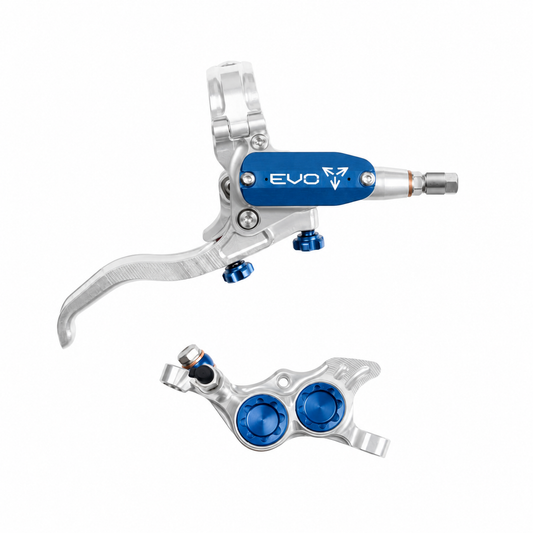 HOPE TECH 4 EVO TR4 Bremse Silber/Blau — Bremshebel und Bremssattel vor weißem Hintergrund