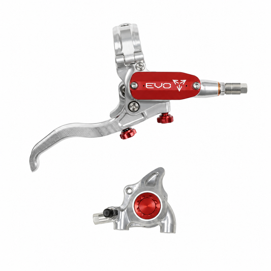 HOPE TECH 4 EVO X2 FM Bremse in Silber/Rot — Bremshebel und Bremssattel vor weißem Hintergrund