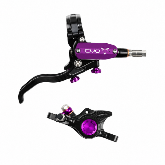 HOPE TECH 4 EVO X2 PM Bremse in Schwarz/Violett — Bremshebel und Bremssattel vor weißem Hintergrund