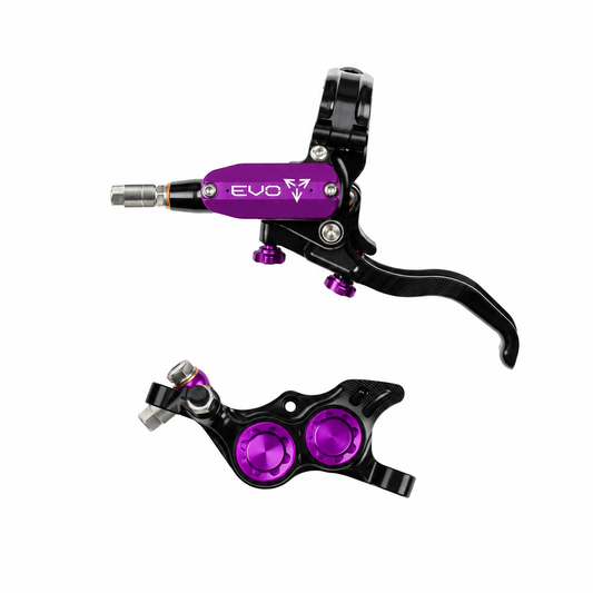 HOPE TECH 4 EVO TR4 Bremse Schwarz/Violett — Bremshebel und Bremssattel vor weißem Hintergrund