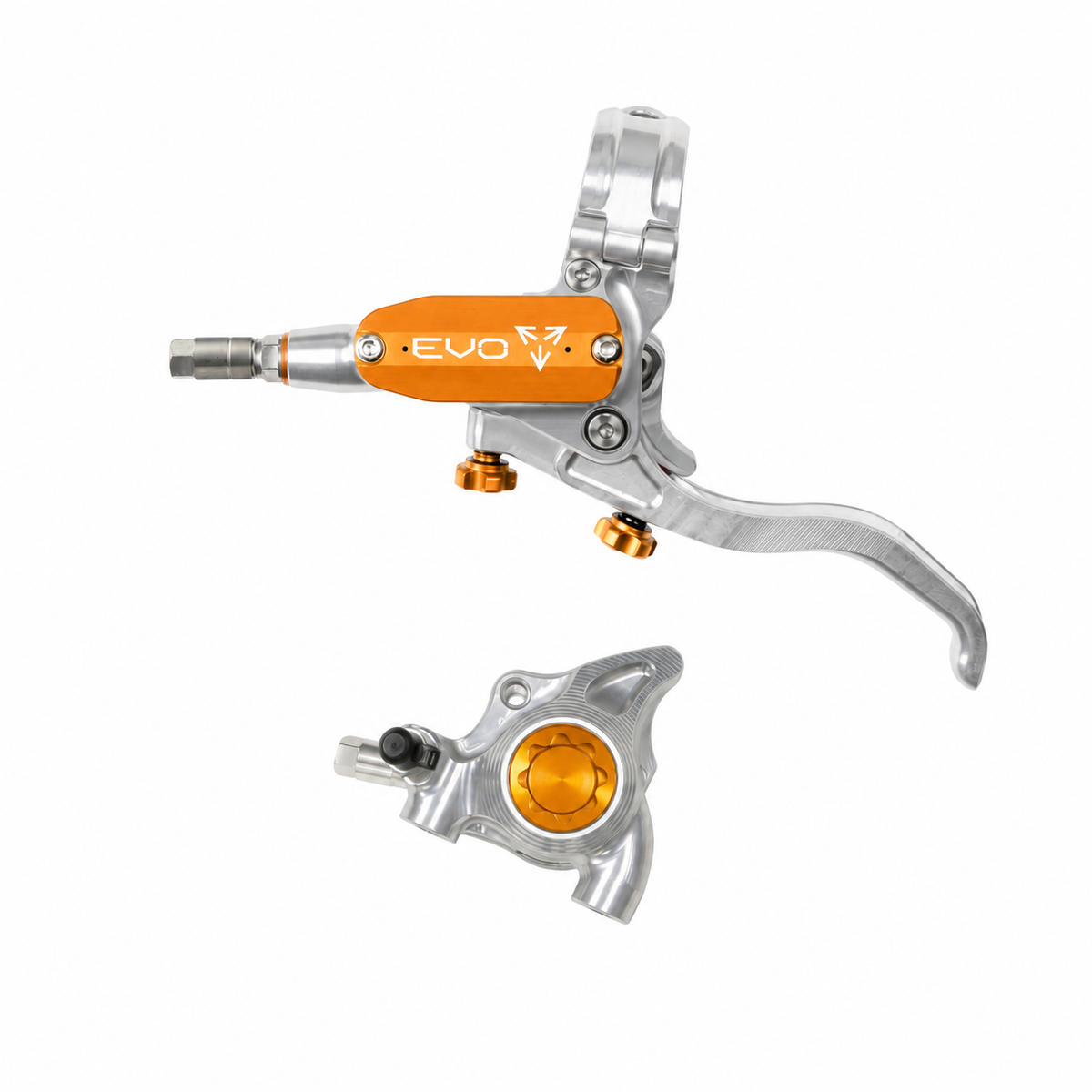 HOPE TECH 4 EVO X2 FM Bremse in Silber/Orange — Bremshebel und Bremssattel vor weißem Hintergrund