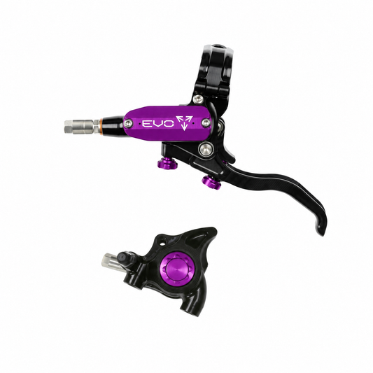 HOPE TECH 4 EVO X2 FM Bremse in Schwarz/Violett – Bremshebel und Bremssattel vor weißem Hintergrund