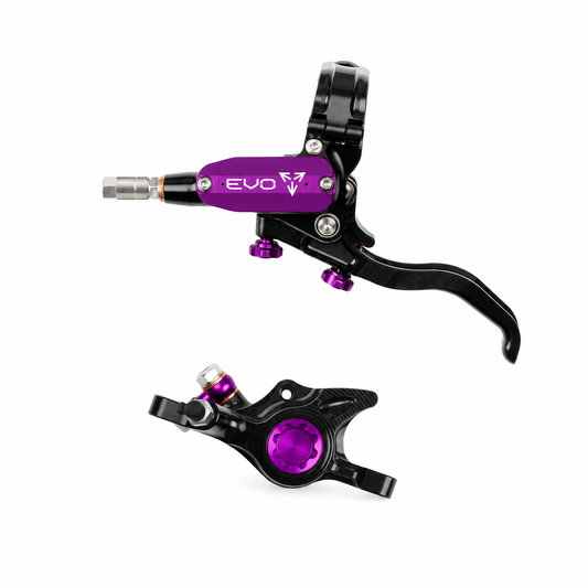 HOPE TECH 4 EVO X2 PM Bremse in Schwarz/Violett — Bremshebel und Bremssattel vor weißem Hintergrund
