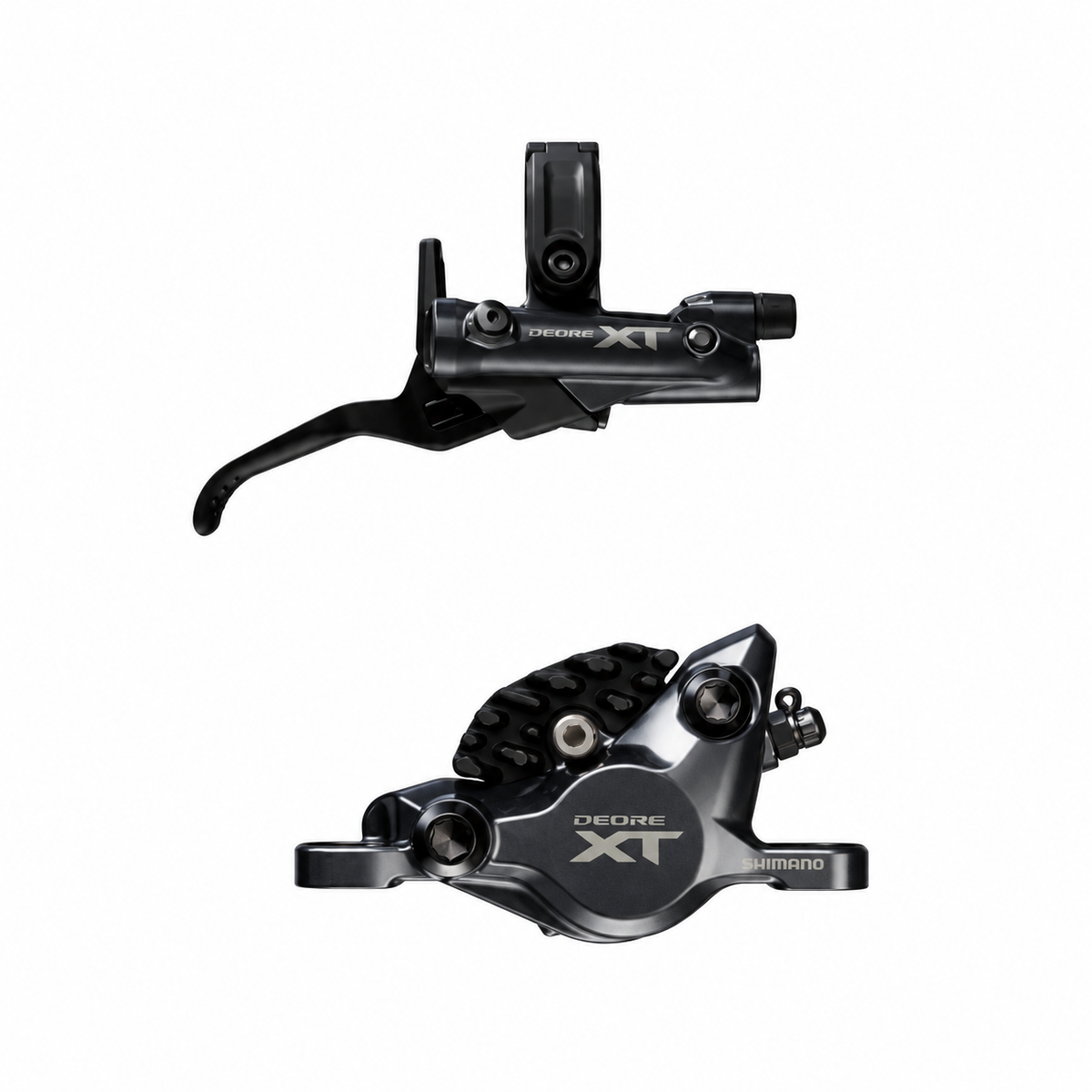SHIMANO XT M8200 XC-Bremse mit 2 Kolben — Bremshebel und Bremssattel vor weißem Hintergrund