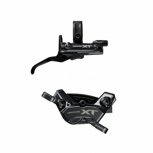 SHIMANO XT M8220 Enduro-Bremse mit 4 Kolben — Bremshebel und Bremssattel vor weißem Hintergrund