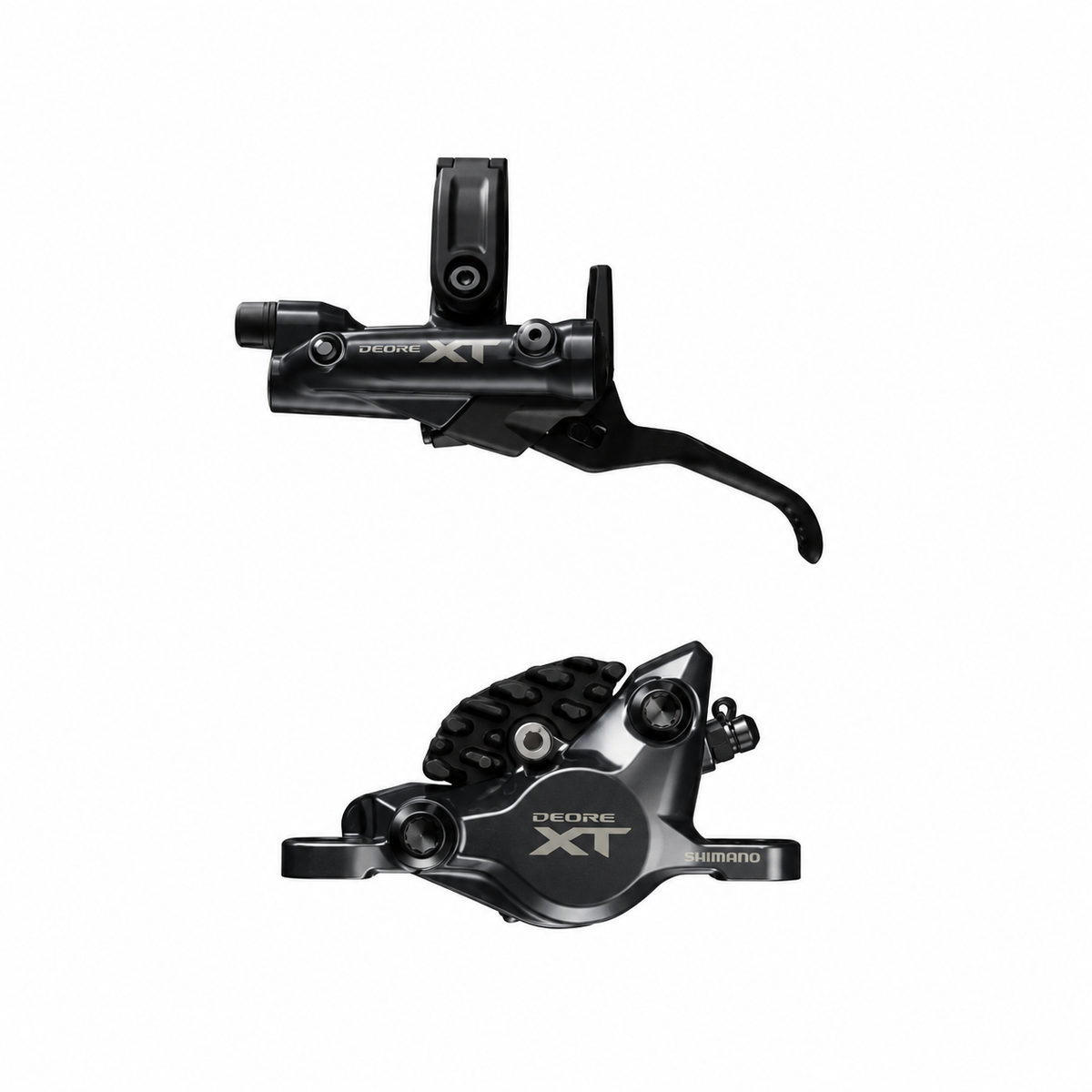 SHIMANO XT M8200 XC-Bremse mit 2 Kolben — Bremshebel und Bremssattel vor weißem Hintergrund