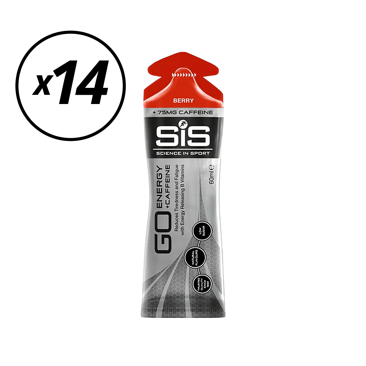 Packung mit 14 Energie-Gels SIS GO ISOTONIC ENERGY Koffein (60ml) Rote Früchte Kurze DLUO