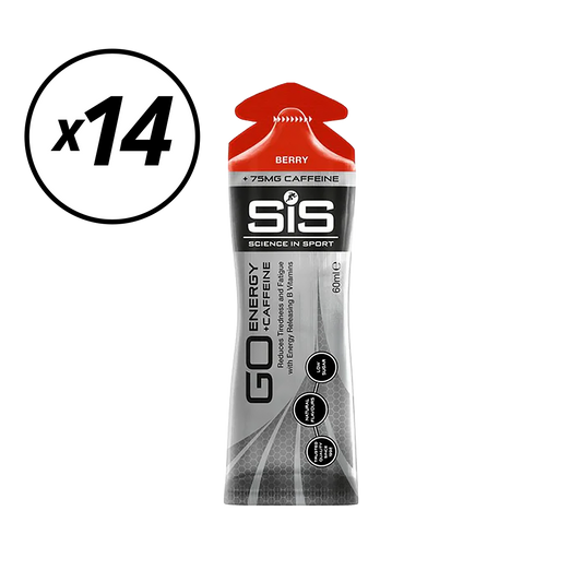 Packung mit 14 Energie-Gels SIS GO ISOTONIC ENERGY Koffein (60ml) Rote Früchte Kurze DLUO