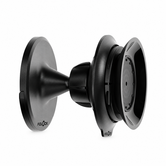 Schwarze FIDLOCK VACUUM Wandhalterung — Produktansicht vor weißem Hintergrund