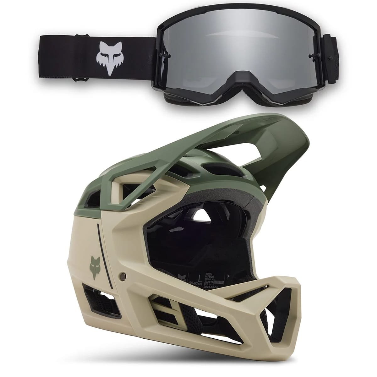 FOX Combo: PROFRAME CLYZO MIPS MTB-Helm Beige/Grün + FOX MAIN CORE SPARK Maske Schwarz 2024