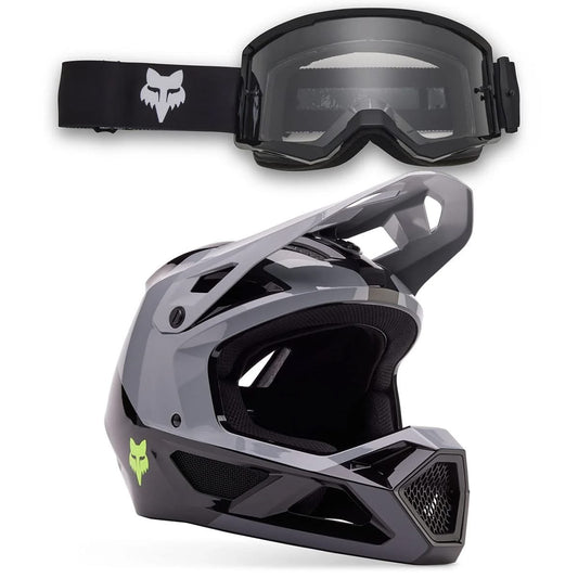 Combo FOX: MTB-Helm RAMPAGE BARGE MIPS Grau/Schwarz + Maske FOX MAIN CORE Schwarz